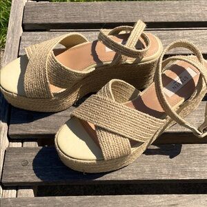 Tan rope platform sandals, worn once and like new. Ankle strap size 8M.
